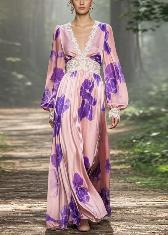 Elegant Pink V Neck Print Patchwork Silk Long Dress Spring