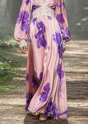 Elegant Pink V Neck Print Patchwork Silk Long Dress Spring