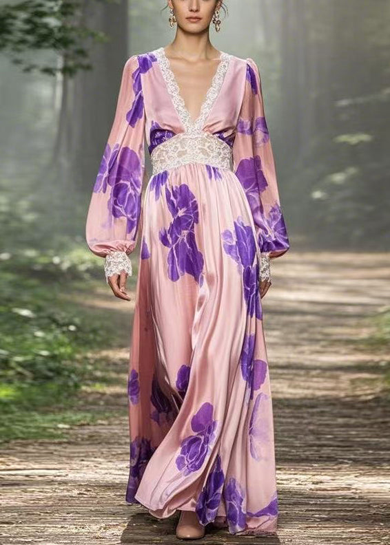 Elegant Pink V Neck Print Patchwork Silk Long Dress Spring