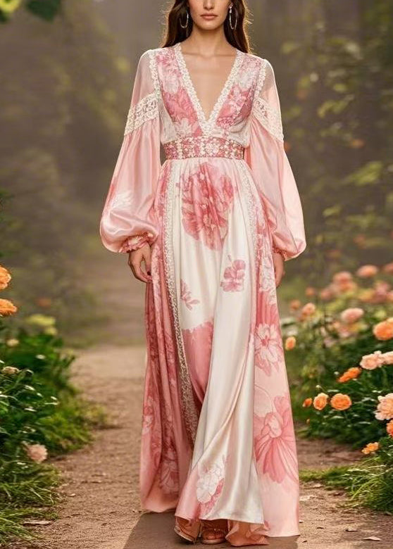 Elegant Pink V Neck Print Silk Long Dresses Lantern Sleeve