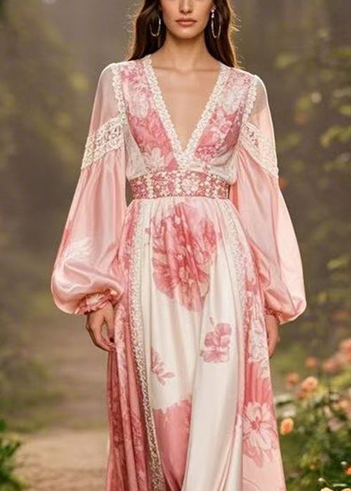 Elegant Pink V Neck Print Silk Long Dresses Lantern Sleeve