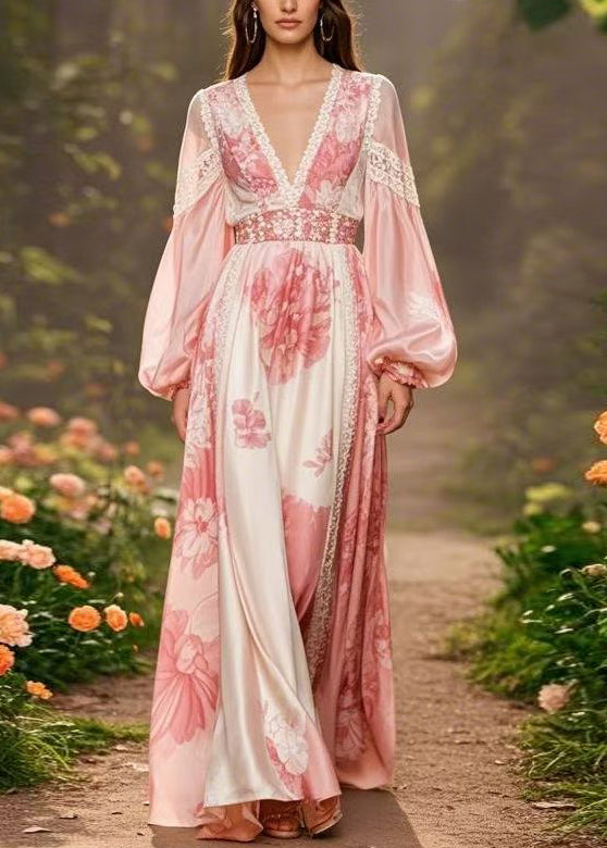 Elegant Pink V Neck Print Silk Long Dresses Lantern Sleeve