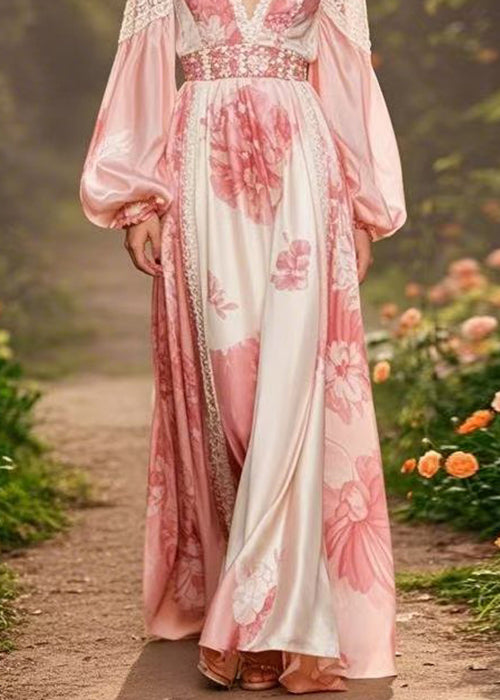 Elegant Pink V Neck Print Silk Long Dresses Lantern Sleeve