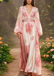 Elegant Pink V Neck Print Silk Long Dresses Lantern Sleeve