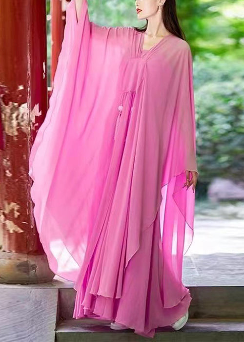 Elegant Pink V Neck Tasseled Chiffon Two-Piece Set Spring