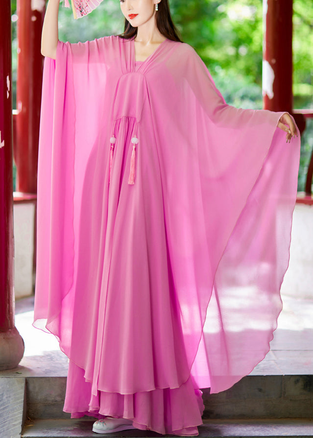 Elegant Pink V Neck Tasseled Chiffon Two-Piece Set Spring