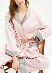 Elegant Pink V Neck Tie Waist Velour Pajamas Two Pieces Set Spring