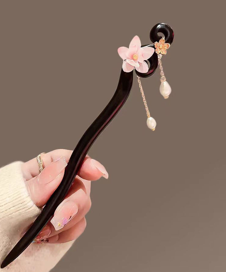 Elegant Pink Wooden Pearl Lotus Tassel Hairpin