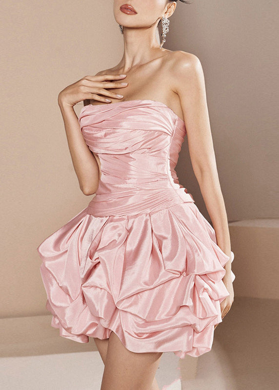 Elegant Pink Wrinkled Cold Shoulder Silk Mid Dress Sleeveless