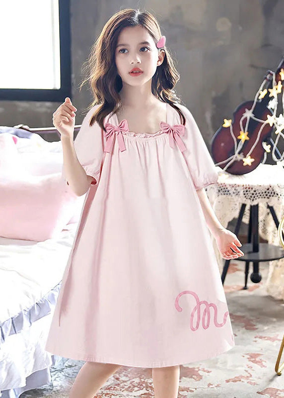 Elegant Pink Wrinkled Graphic Bow Cotton Girls Maxi Dress Short Sleeve