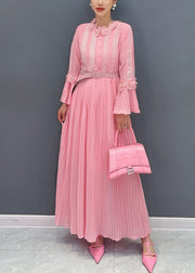 Elegant Pink Wrinkled Lace Patchwork Maxi Dress Flare Sleeve