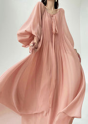 Elegant Pink Wrinkled Lace Up Chiffon Maxi Dresses Spring