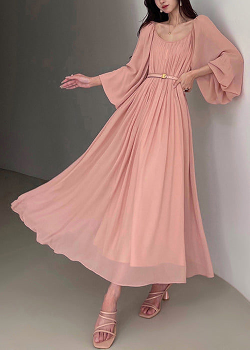 Elegant Pink Wrinkled Lace Up Chiffon Maxi Dresses Spring