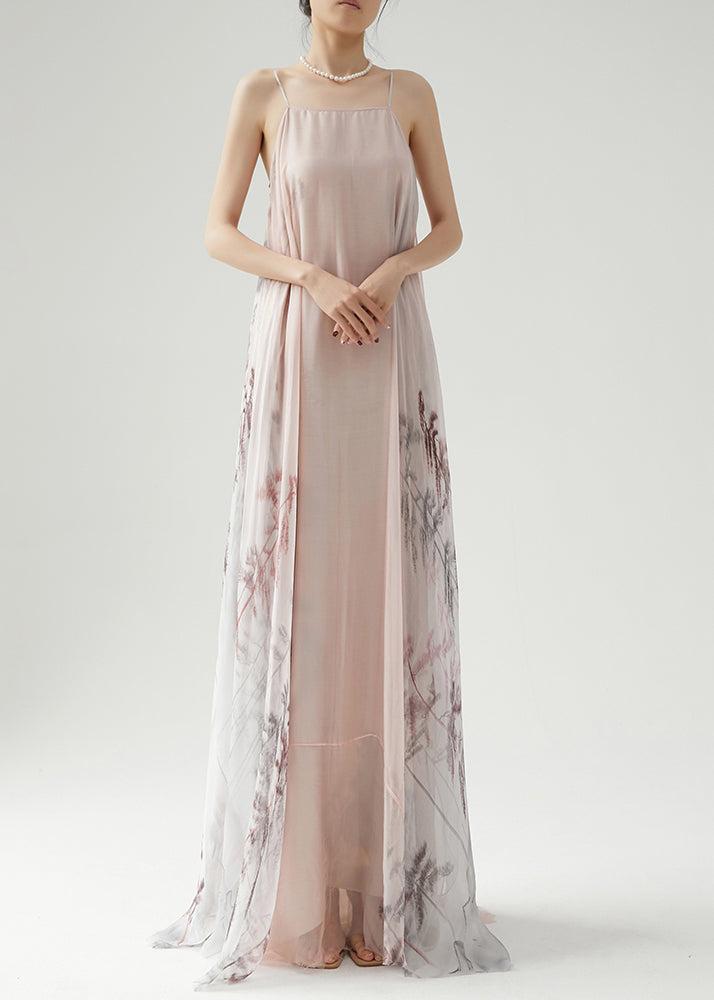 Elegant Pink Wrinkled Print Silk Spaghetti Strap Dress Sleeveless