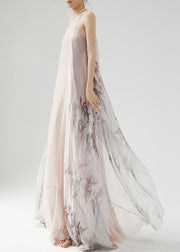 Elegant Pink Wrinkled Print Silk Spaghetti Strap Dress Sleeveless