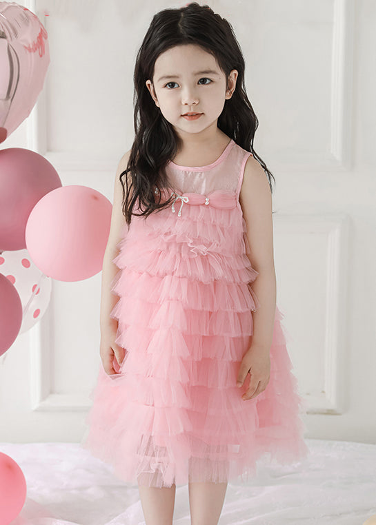 Elegant Pink Wrinkled Solid Tulle Girls Dresses Sleeveless