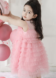 Elegant Pink Wrinkled Solid Tulle Girls Dresses Sleeveless