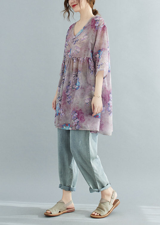 Elegant Print Patchwork Wrinkled Top Half Sleeve