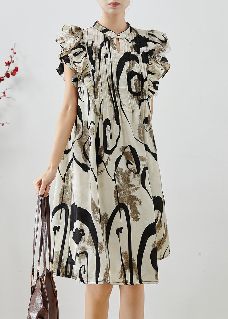 Elegant Print Wrinkled Chiffon Mid Dress Butterfly Sleeve