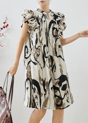 Elegant Print Wrinkled Chiffon Mid Dress Butterfly Sleeve