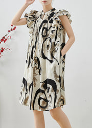 Elegant Print Wrinkled Chiffon Mid Dress Butterfly Sleeve