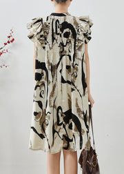 Elegant Print Wrinkled Chiffon Mid Dress Butterfly Sleeve