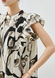 Elegant Print Wrinkled Chiffon Mid Dress Butterfly Sleeve