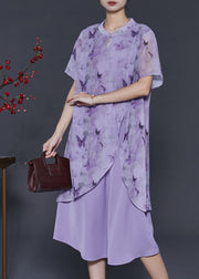 Elegant Purple Butterfly Chinese Button Chiffon Fake Two Piece Dresses Summer