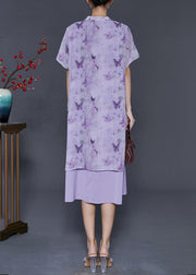 Elegant Purple Butterfly Chinese Button Chiffon Fake Two Piece Dresses Summer