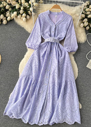 Elegant Purple Button Hollow Out Cotton Shirts Dress Long Sleeve