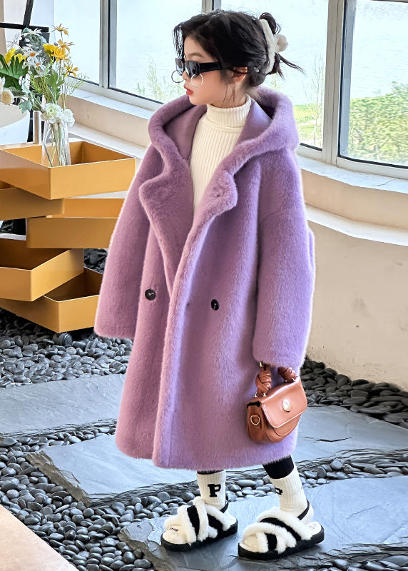 Elegant Purple Button Kids Mink Velvet Hoodie Long Coat Winter