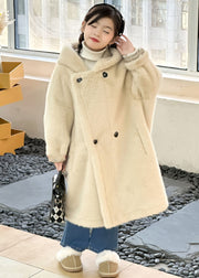 Elegant Purple Button Kids Mink Velvet Hoodie Long Coat Winter