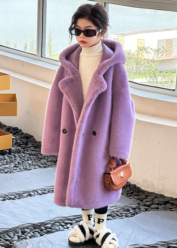 Elegant Purple Button Kids Mink Velvet Hoodie Long Coat Winter