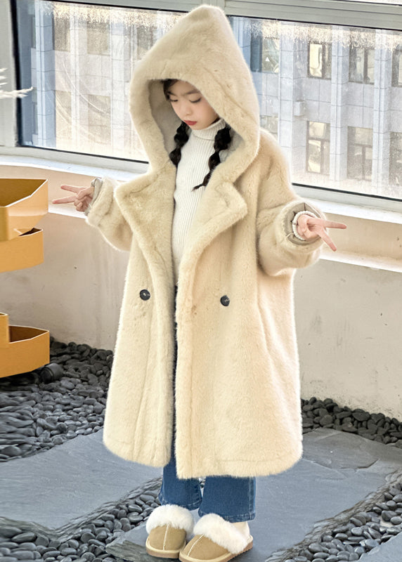 Elegant Purple Button Kids Mink Velvet Hoodie Long Coat Winter