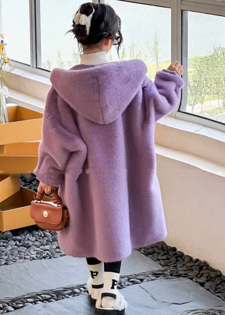 Elegant Purple Button Kids Mink Velvet Hoodie Long Coat Winter