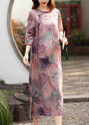 Elegant Purple Button Print Side Open Linen Dress Half Sleeve