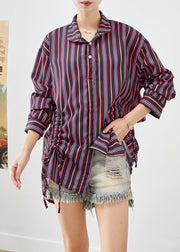 Elegant Purple Cinched Striped Cotton Shirt Tops Fall