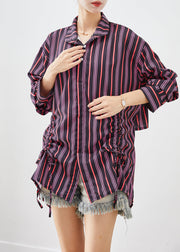 Elegant Purple Cinched Striped Cotton Shirt Tops Fall