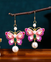 Elegant Purple Copper Overgild Acrylic Pearl Butterfly Drop Earrings