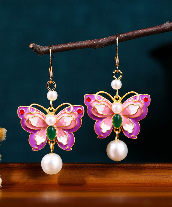 Elegant Purple Copper Overgild Acrylic Pearl Butterfly Drop Earrings