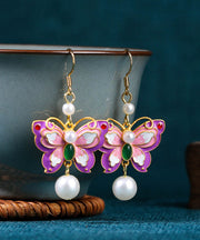 Elegant Purple Copper Overgild Acrylic Pearl Butterfly Drop Earrings