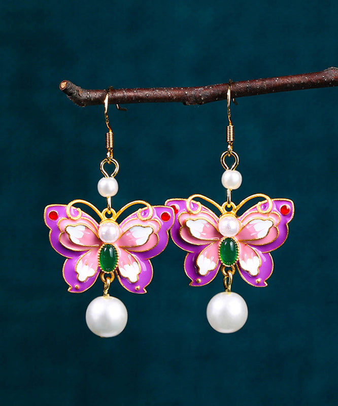 Elegant Purple Copper Overgild Acrylic Pearl Butterfly Drop Earrings