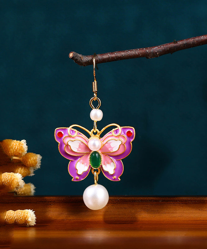 Elegant Purple Copper Overgild Acrylic Pearl Butterfly Drop Earrings