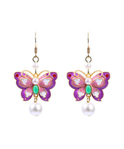 Elegant Purple Copper Overgild Acrylic Pearl Butterfly Drop Earrings