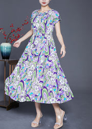 Elegant Purple Elastic Waist Print Cotton Beach Dress Summer