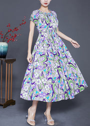 Elegant Purple Elastic Waist Print Cotton Beach Dress Summer