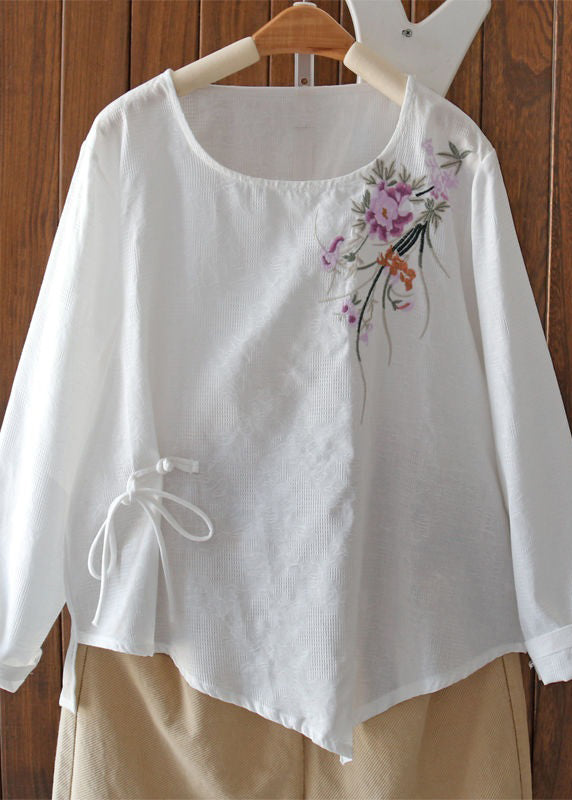 Elegant Purple Embroidered Lace Up Cotton Blouses Long Sleeve