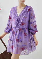 Elegant Purple Embroidered Patchwork Chiffon Vacation Dress Fall