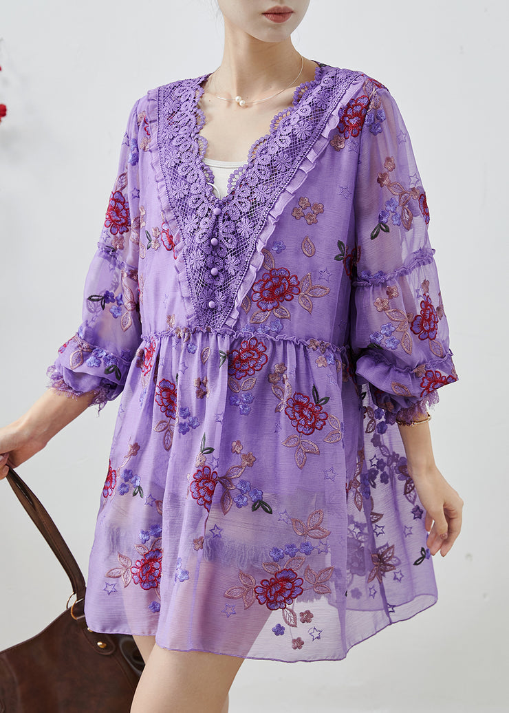 Elegant Purple Embroidered Patchwork Chiffon Vacation Dress Fall