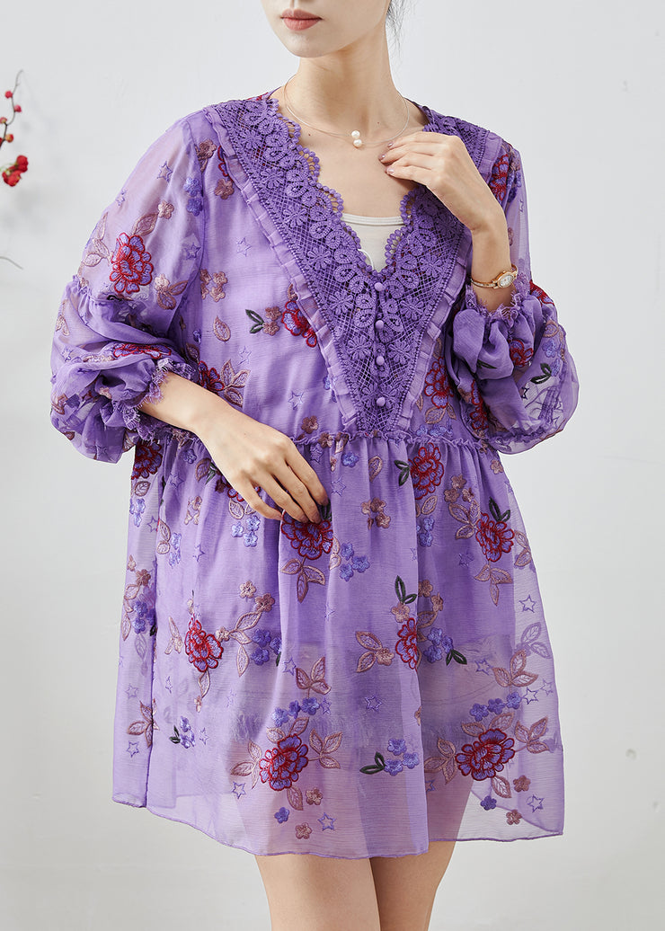 Elegant Purple Embroidered Patchwork Chiffon Vacation Dress Fall